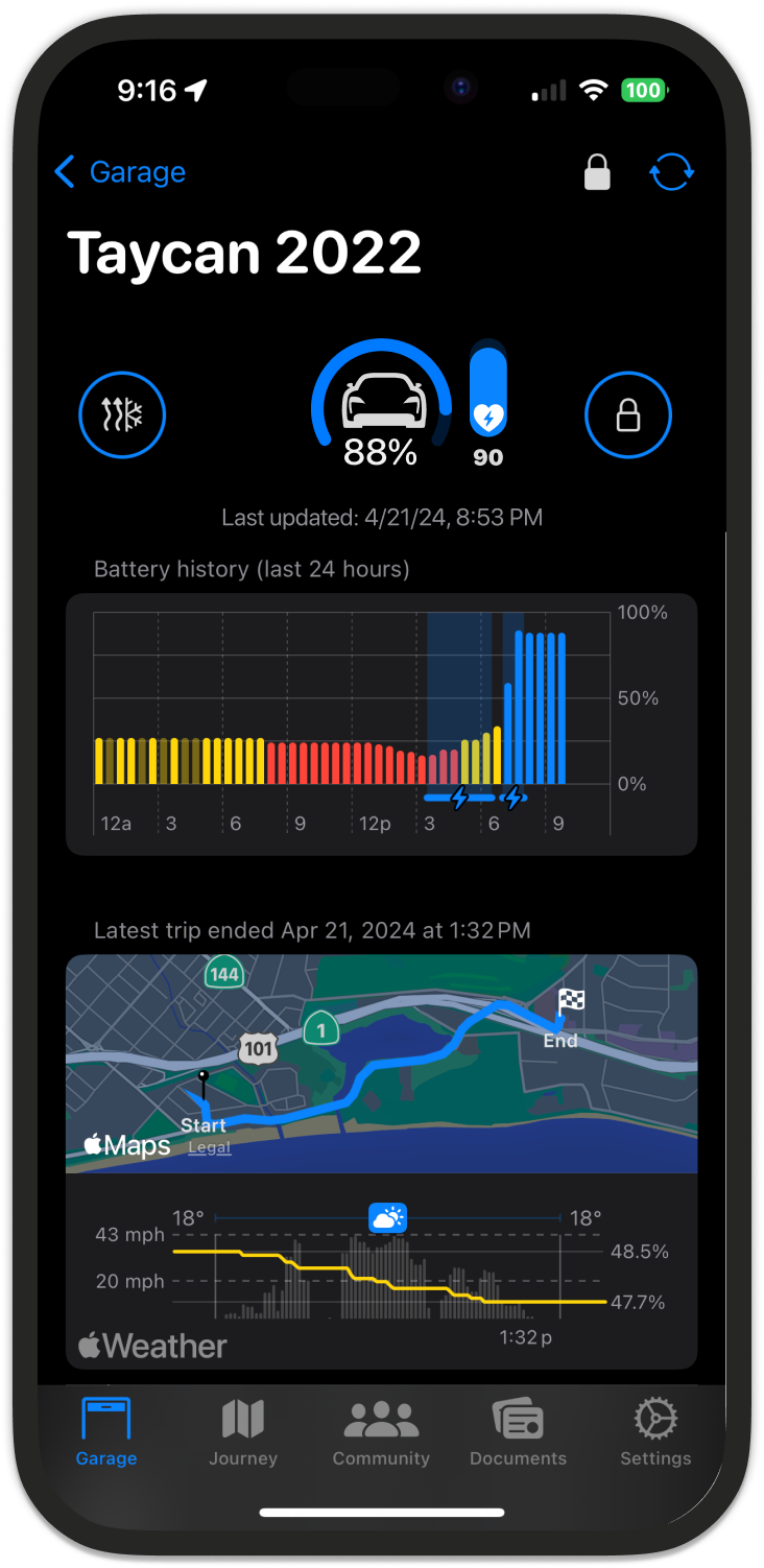 Sidecar running on an iPhone with features like battery history and trip efficiency statistics