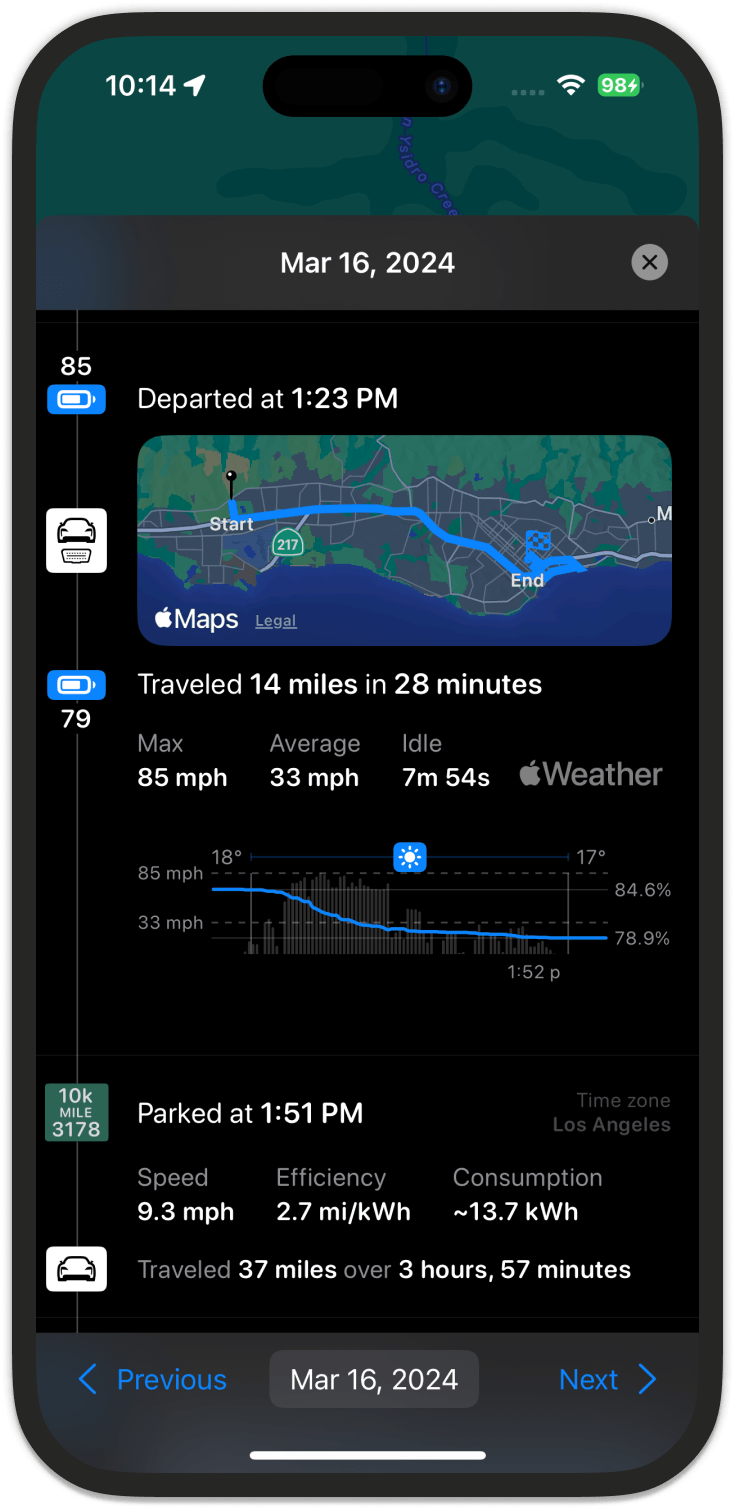 Sidecar's trip logger shows historical trip information